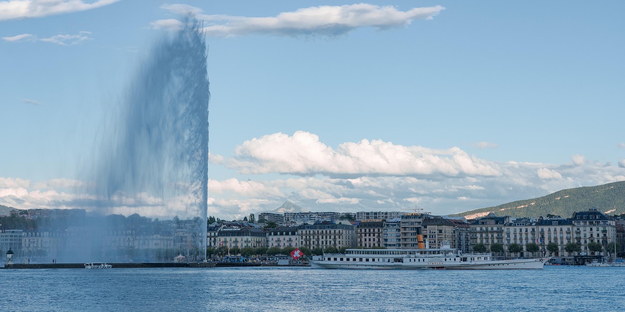 geneva, lake geneva, fountain, sunset, ship, nature, clouds, evening atmosphere, evening sky, water, switzerland, jet d'eau
